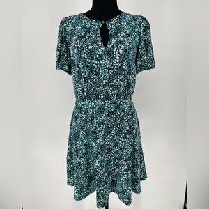 LOFT PETITES NAVY BLUE TEAL&WHITE‎ FLORAL DRESS WPEEP HOLE NECKLINE